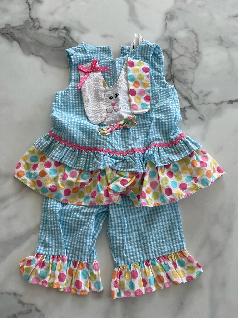 Rare Editions Blue Gingham Baby Dress with Multicolor Ruffle